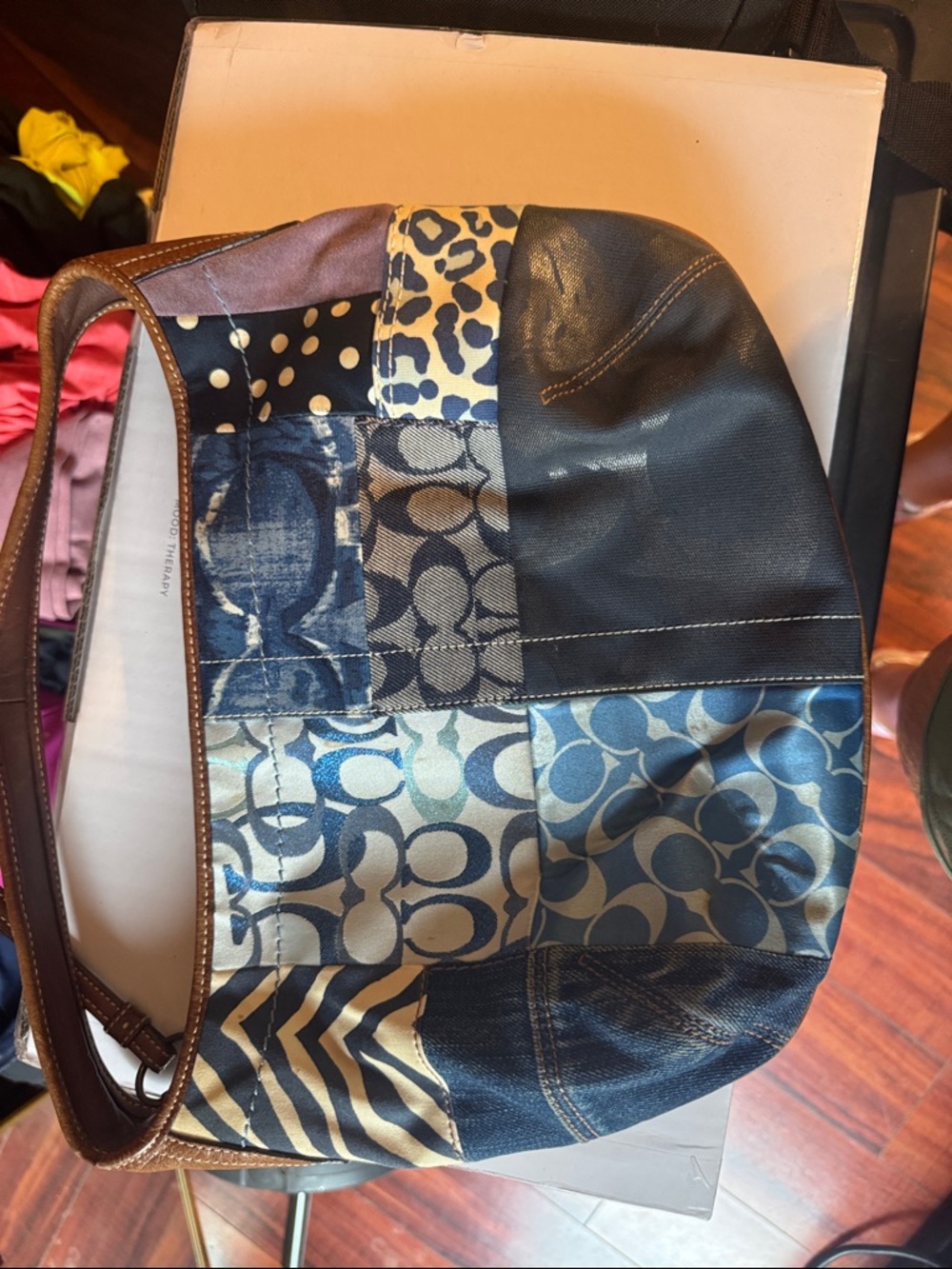 Coach Patchwork Logo & Denim Shoulder Bag in Navy, Tan & Black - Picture 2 of 6